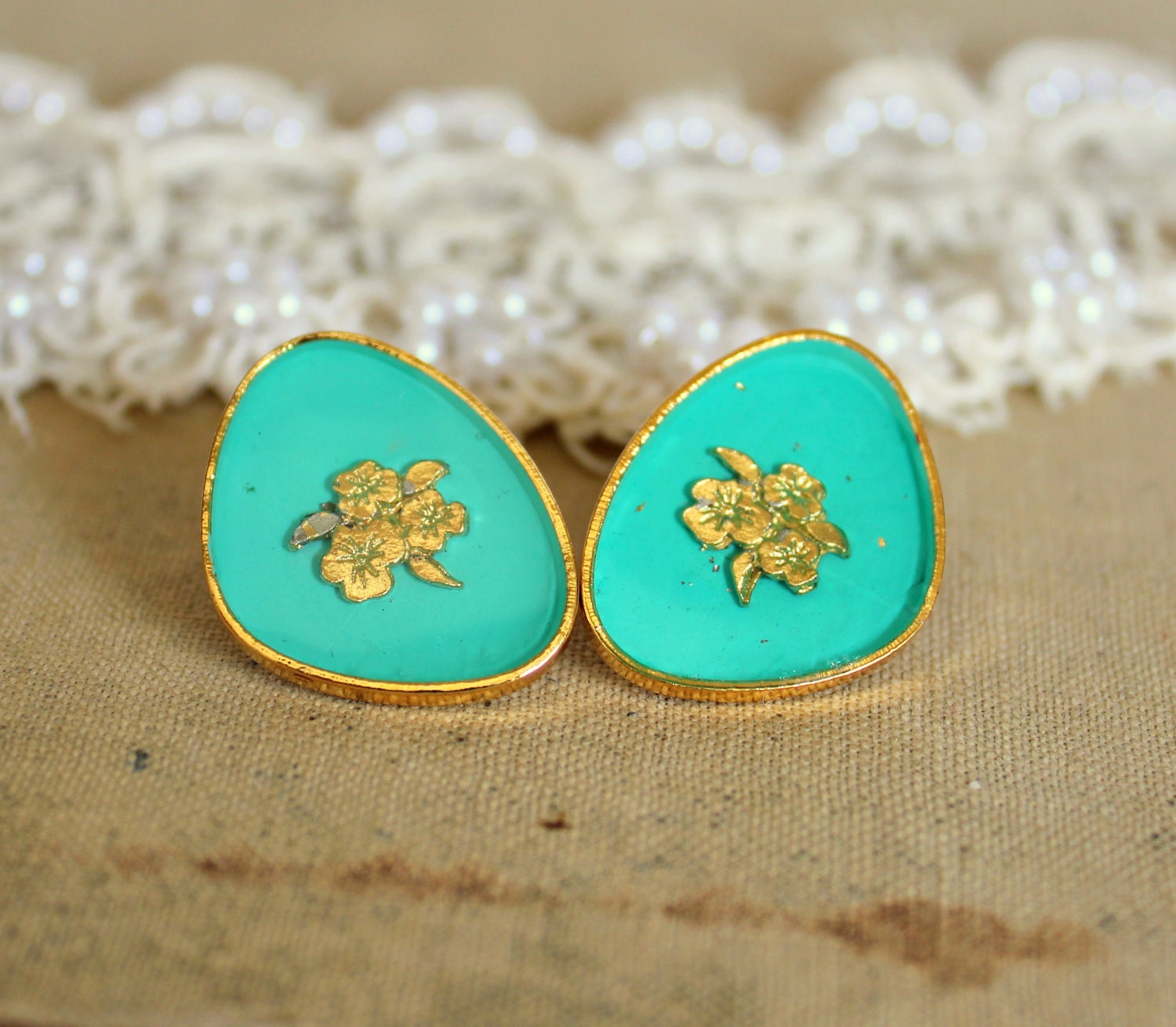 Turquoise royal stud velvet earring - Victorian shabby chic vintage style .