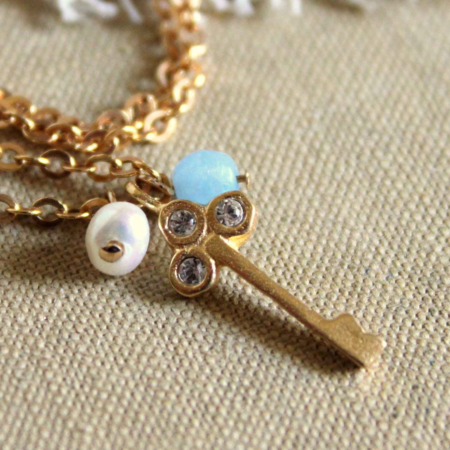 Key to my heart 14k Goldfield charm Necklace - aquamarine pearls gf key charms