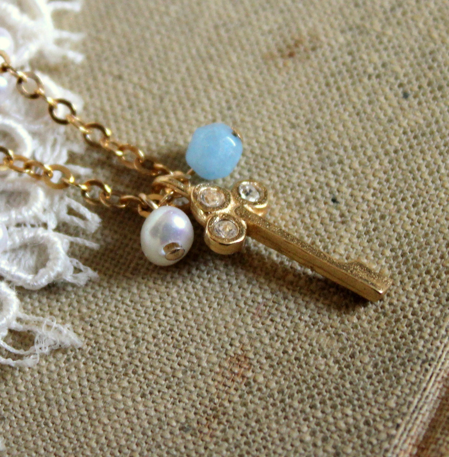 Key to my heart 14k Goldfield charm Necklace - aquamarine pearls gf key charms