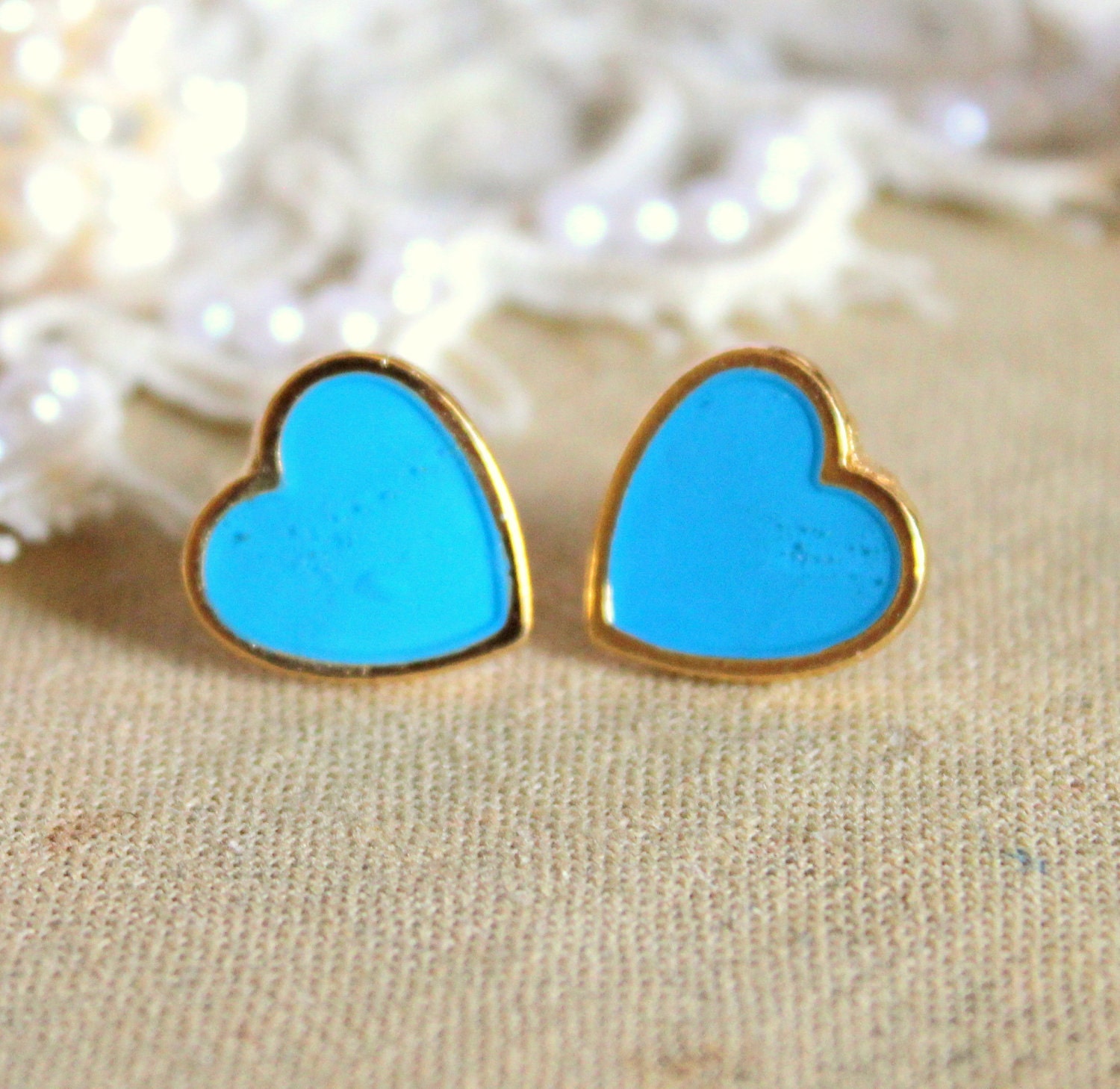 Blue sky Heart gold stud earring -petit elegant 14k gold coated post earrings