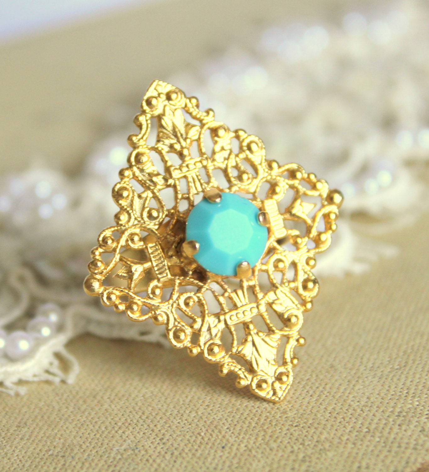 Big lacy ring - stunning elegant 22 k plated gold adjustable lace ring with swarovski