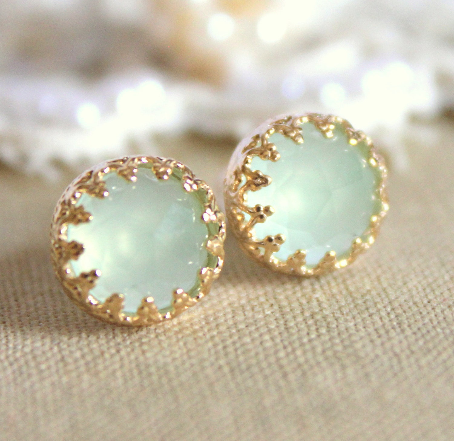 Elizabeth green mint sea foam  petite  royal  -  Real Aquamarine gem stone  Earrings vintage and Elegant style