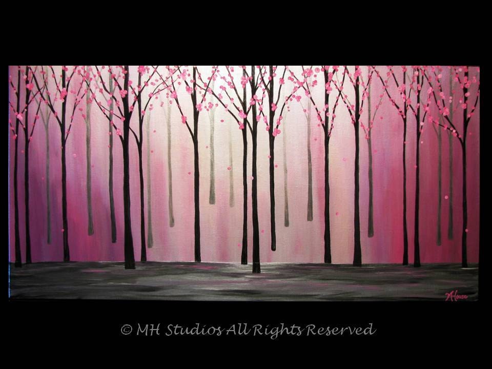 ORIGINAL Abstract Flower Tree Landscape Modern Metallic Canvas Painting Large 24 x 48 - Cherry Blossom Trees