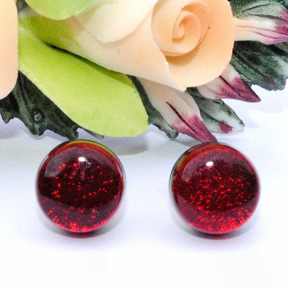 Small Glass Stud Earrings, Fused Glass Jewelry, Dichroic Glass Earrings, Small Post Earrings, Mini Round, Ruby Red, Blood Red (Item 30297-E)