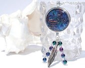 Dichroic Glass Pendant, Swarovski and Sterling Silver Beads, Feather, Fused Glass Jewelry Necklace, Bohemian, Aqua, Purple (Item 10433-P)