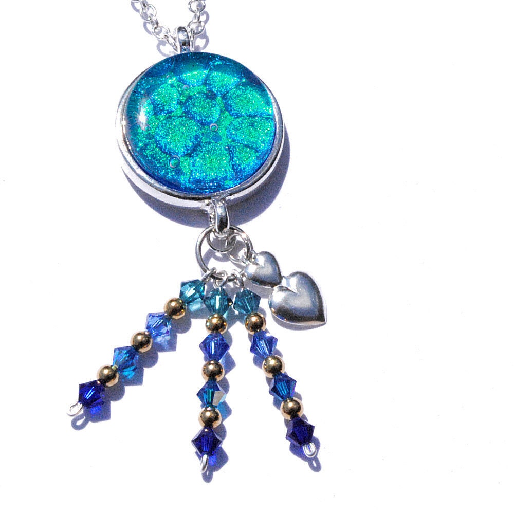 Dichroic Pendant, Swarovski, Gypsy, Bohemian, Fused Glass Jewelry Necklace, Round, Heart, Teal Green, Cobalt Blue, Peacock (Item 10454-P)