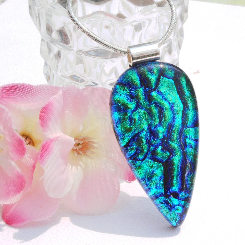 Blue Green, Fused Dichroic Glass Pendant, Fused Glass Jewelry, Dichroic Fused Glass - Jeweled Ripples (Item 10344-P)