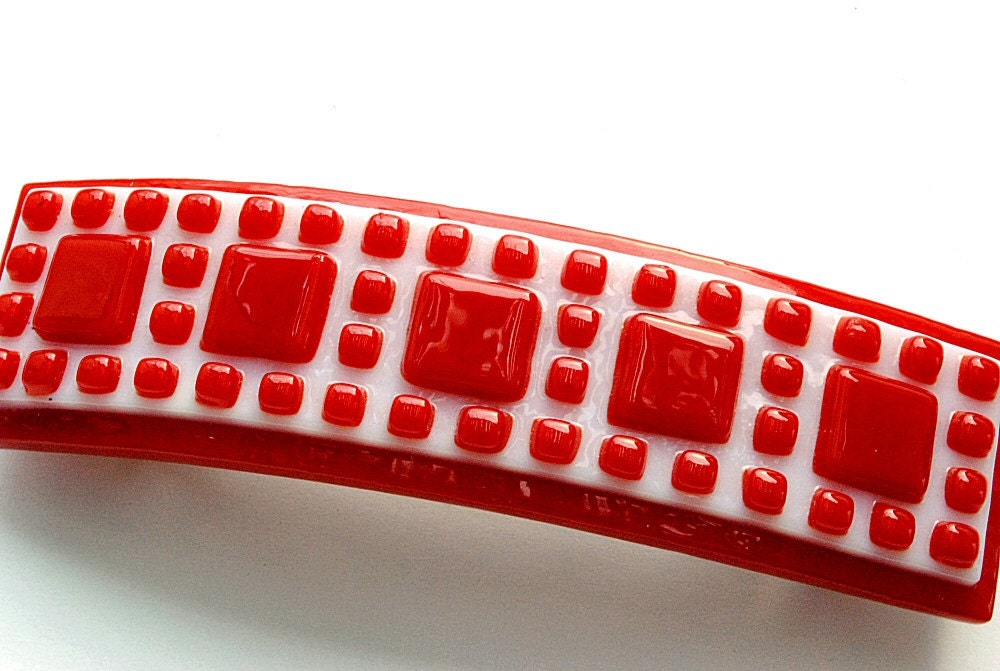 French Barrette, Mosaic, Fused Glass Hair Accessory, Red and White, Squares, Large for Thicker Hair, Fun, Unique Gift (item 50045-A)