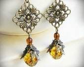 Amber Earrings, Victorian, in Antiqued Brass Filigree and Czech Glass