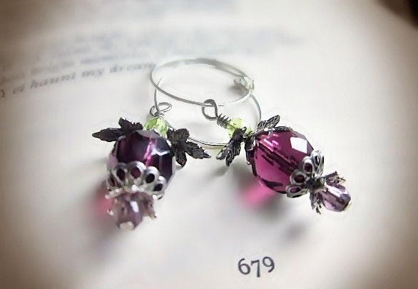 Purple and Green Earrings, Fantastical Flowers in Faceted Czech Glass and Antiqued Silver, Delicate Hoops, Purple Snitch