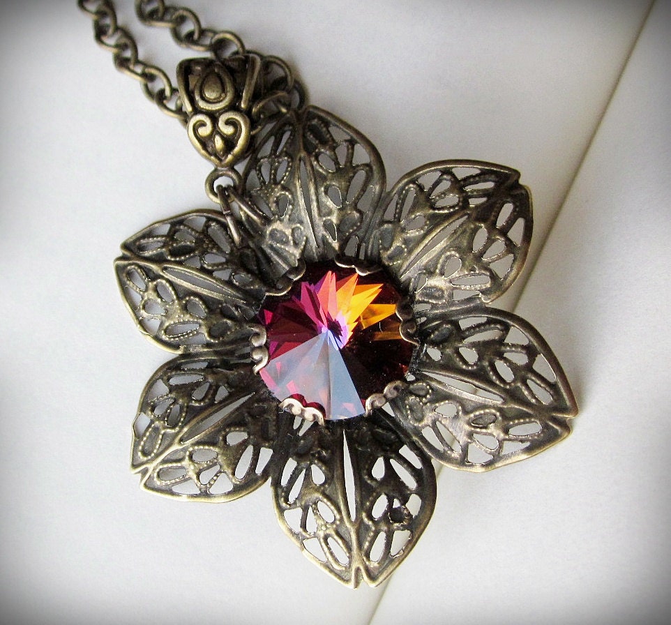Swarovski Necklace, Flower Pendant in Antiqued Brass Filigree. Romantic.