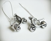 Vespa Scooter Earrings, Long Dangle, Antiqued Silver