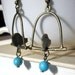 Bird Earrings, in Antiqued Brass and Turquoise Blue Stones