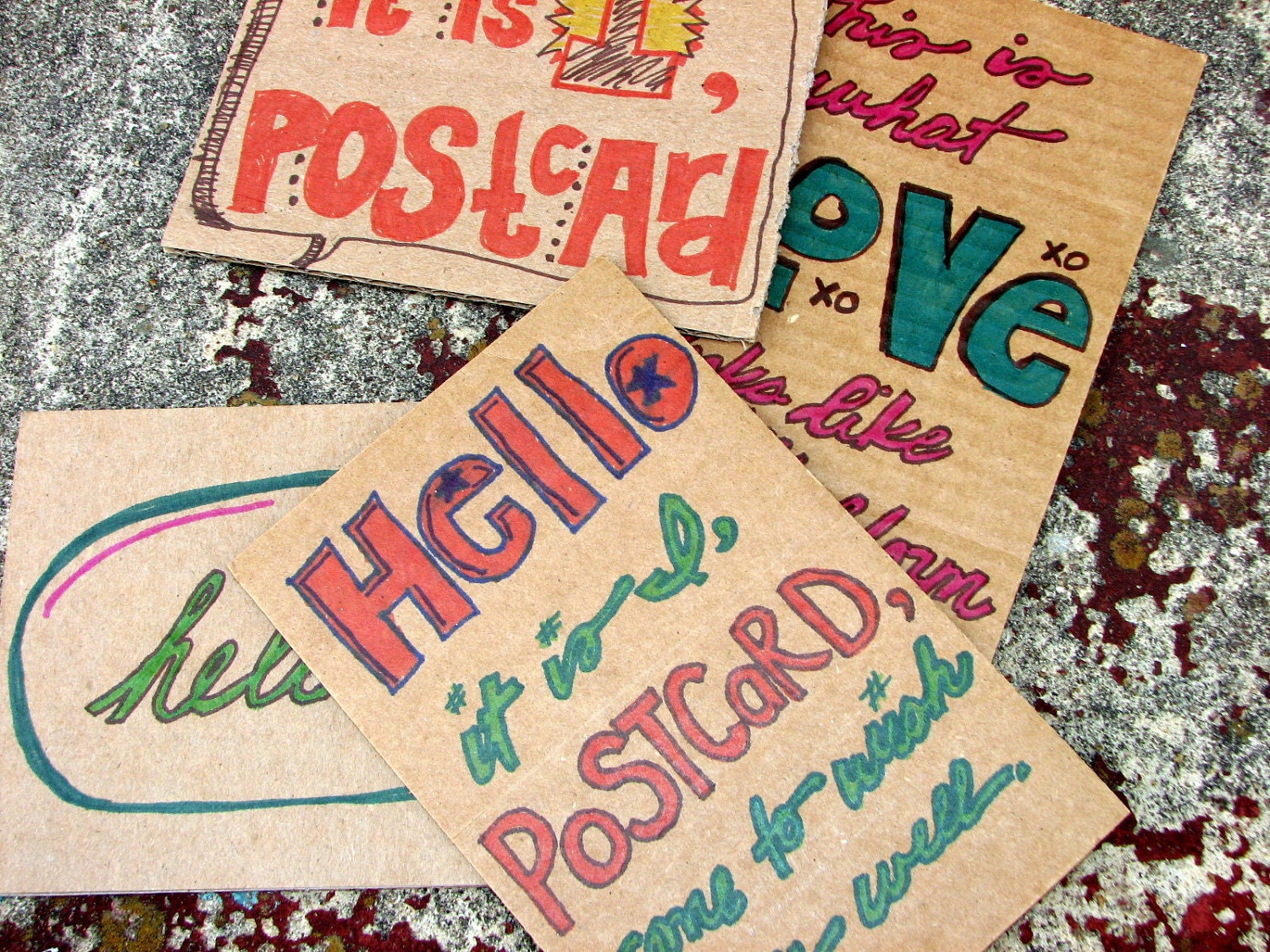 set of four one of a kind postcards -- recycling and also sharpie markers for the win