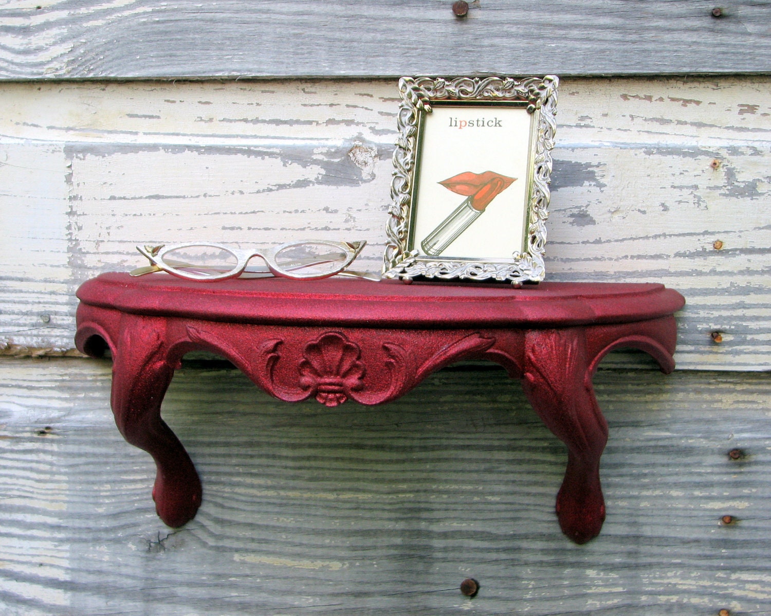 zomg, fancy RED GLITTER SHELF, Dorothy -- glittery rococo wall piece -- studio 54 style