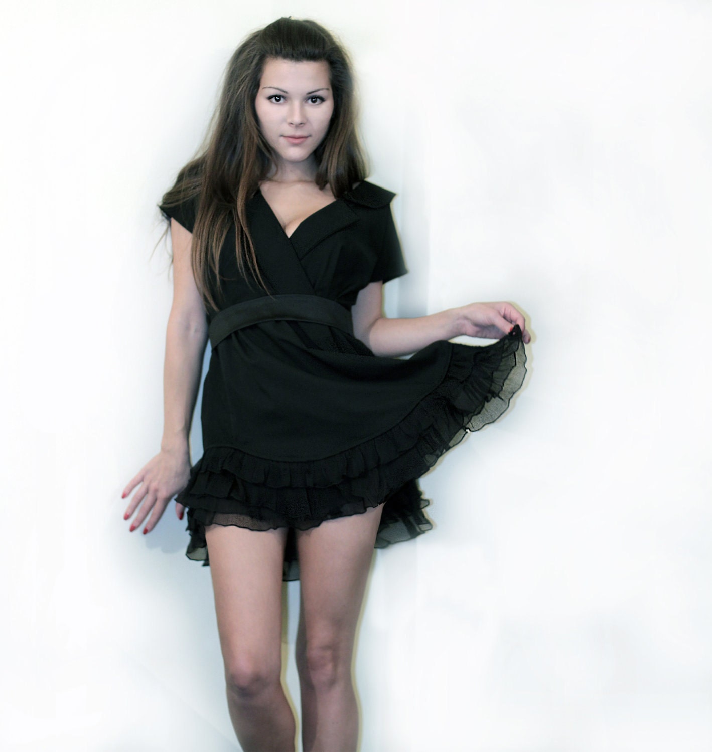 Party Black Wrap Dress with Silk Ruffles, Black Party Dress, Mini Black Dress, MBD