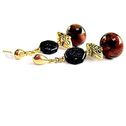 Navy Blue Earrings Yellow Gold Jewelry Goldstone Jewellery Natural Gemstone Handmade Dangle Fashion Classic Brown ER-78