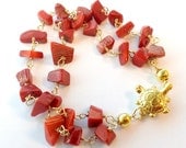 Red Bracelet Coral Bracelet Turtle Clasp Coral Jewelry Gold Double Strand Gemstone Jewellery Chips Unique Gift Guide