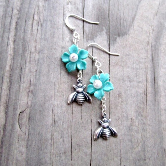 Reserved listing for db007:  Turquoise Earrings Silver Jewelry Flower Jewellery Honey Bee Pearl