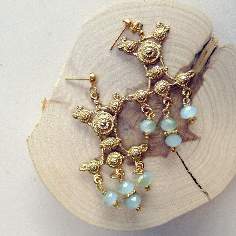 Blue Green Earrings Chandelier Earrings Gold Jewelry Crystal Jewellery