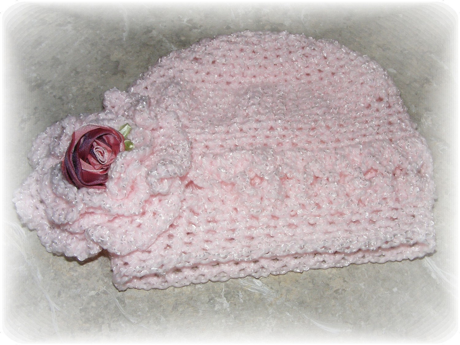 Boutique Baby Girl Crocheted Cloche - Cotton Candy - With Removable Rosette Clippie-  size 9 mos to 1 yr plus - Ready To Ship