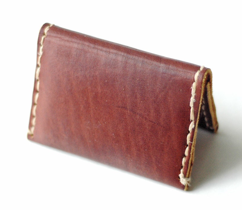 Red-Brown leather bi-fold Minimal credit card wallet