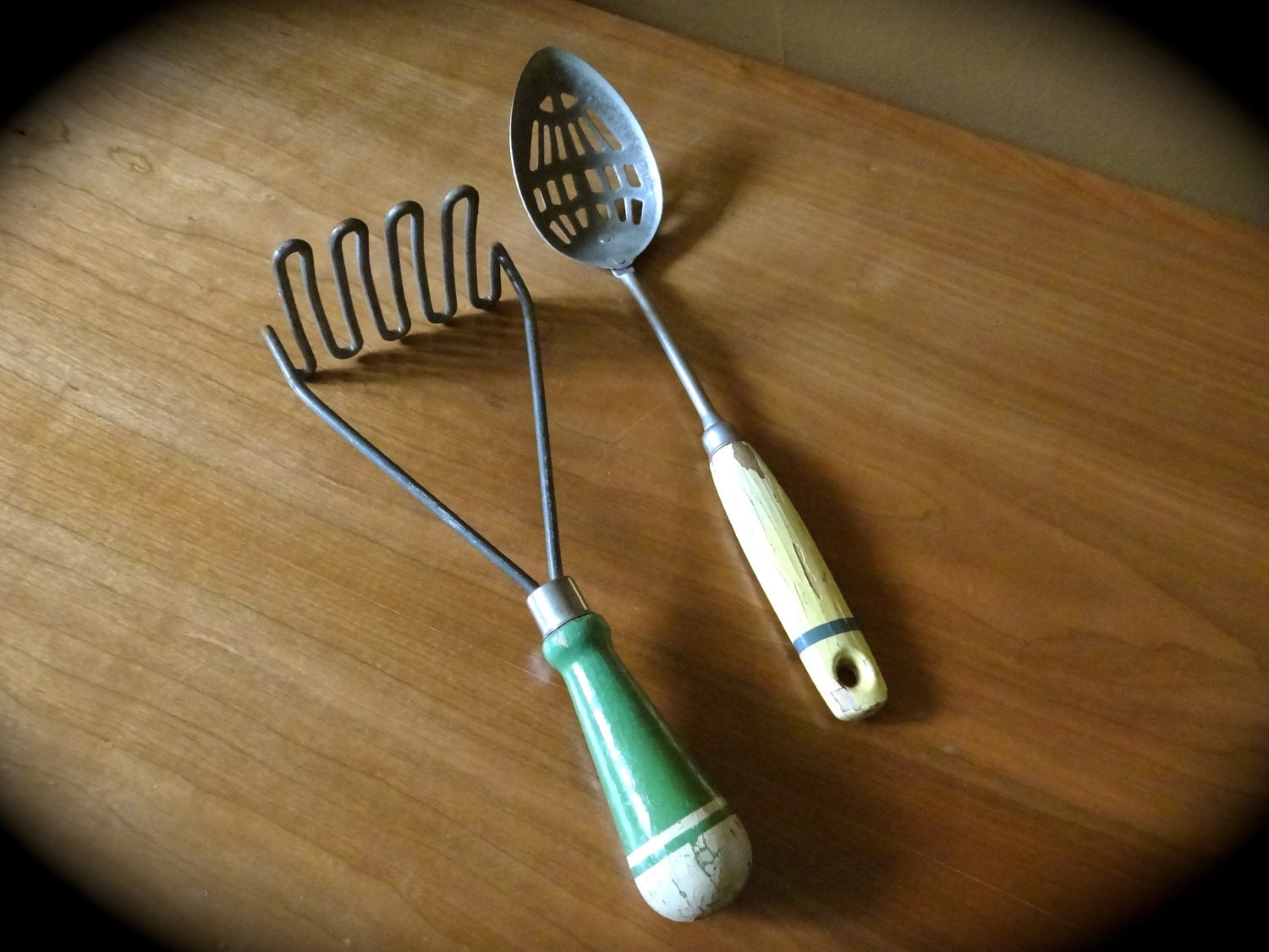 Antique Kitchen Tools // Green and Yellow // Wood and Stainless Steel