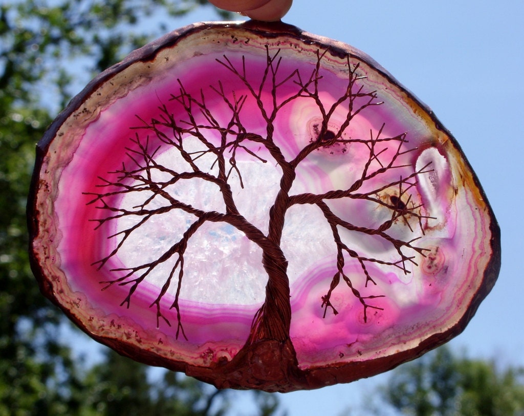 Copper Wire Tree Of Life Metal Wall Art Sculpture On A Pink And White Agate Stone Crystal Suncatcher