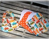 Baby Boy Bib and Burpie Set / Baby Shower Gift in Anne Kelle "Ready Set Go" Organic cotton, Turquiose and Orange Cars, Trucks, Polka Dots