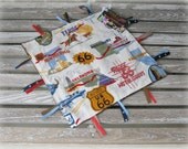 Ribbon Sensory Lovey/ Tag Blanket in Route 66 Print with Chocolate Brown Minky ... Baby Gift