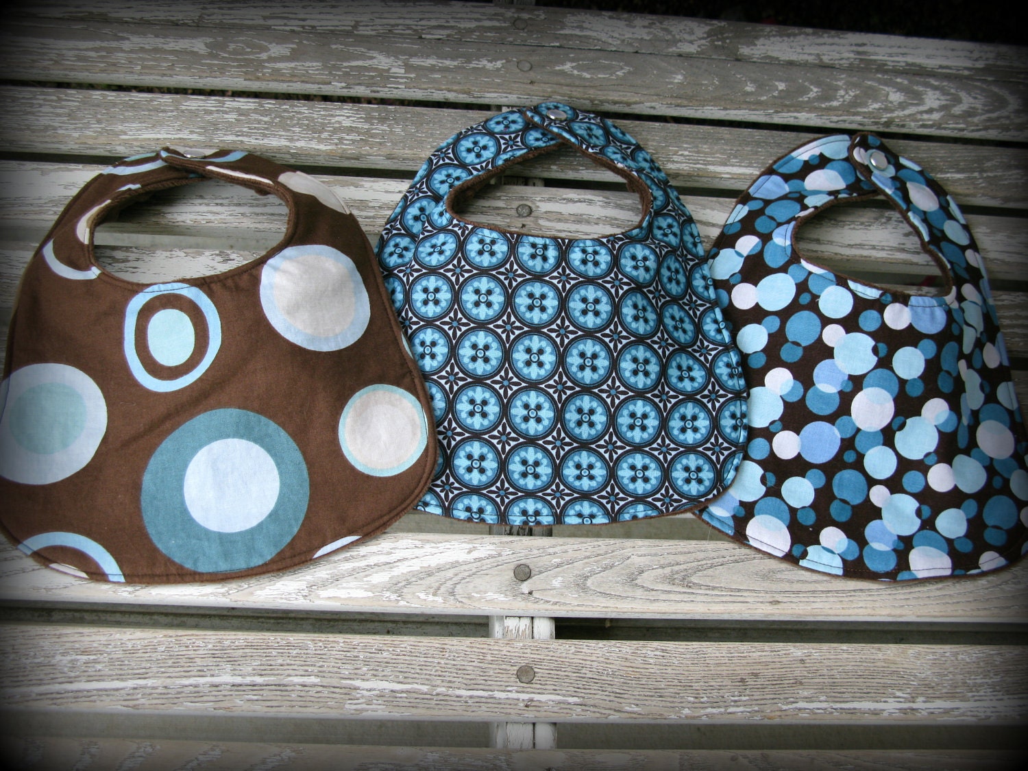3 Baby Boy Bibs in Chocolate Brown and Blue Prints/ Brown Minky/ Baby Boy Shower Gift