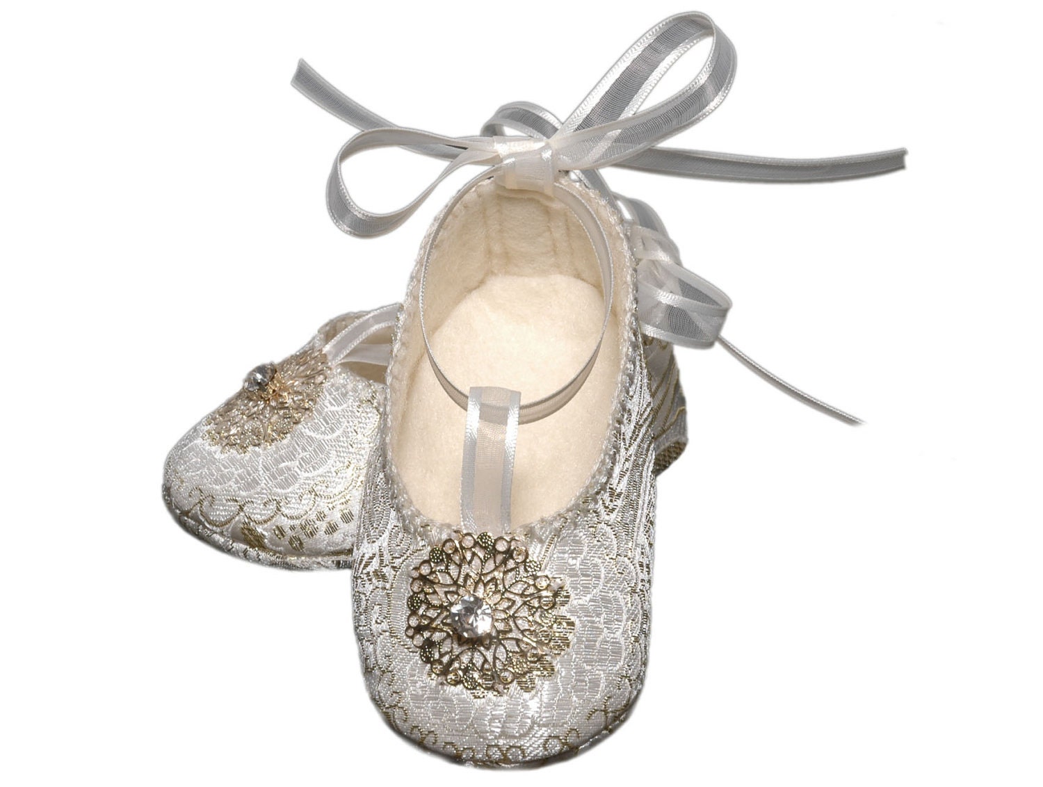 Baby Girl Giselle Shoes, White Brocade Ballerina /Slipper/Bootie, Wedding, Flower Girl, Christening, Handmade Baby Girl Shoes
