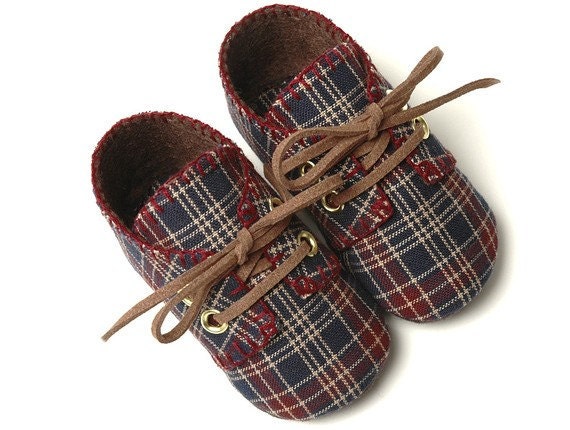 William Baby Boy Shoes, Maroon and Blue Plaid, Sporty, Trendy, Infant sizes,Handmade, Baby Boy Shoes.