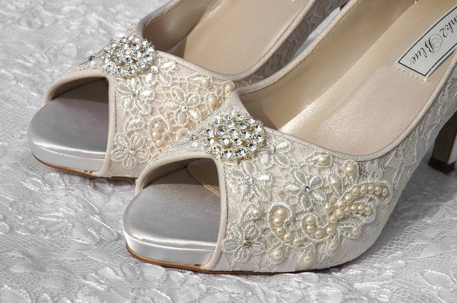 Wedding Shoes - Custom Colors 120 Choices - Vintage Wedding Lace Peep Toe Heels, Women's PB384 Bridal Shoes