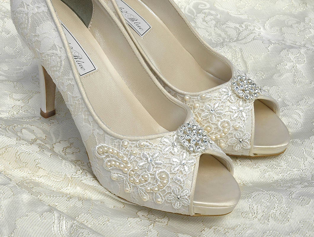 Wedding Shoes - Custom Colors 120 Choices - Vintage Wedding Lace Peep Toe Heels, Women's PB384 Bridal Shoes
