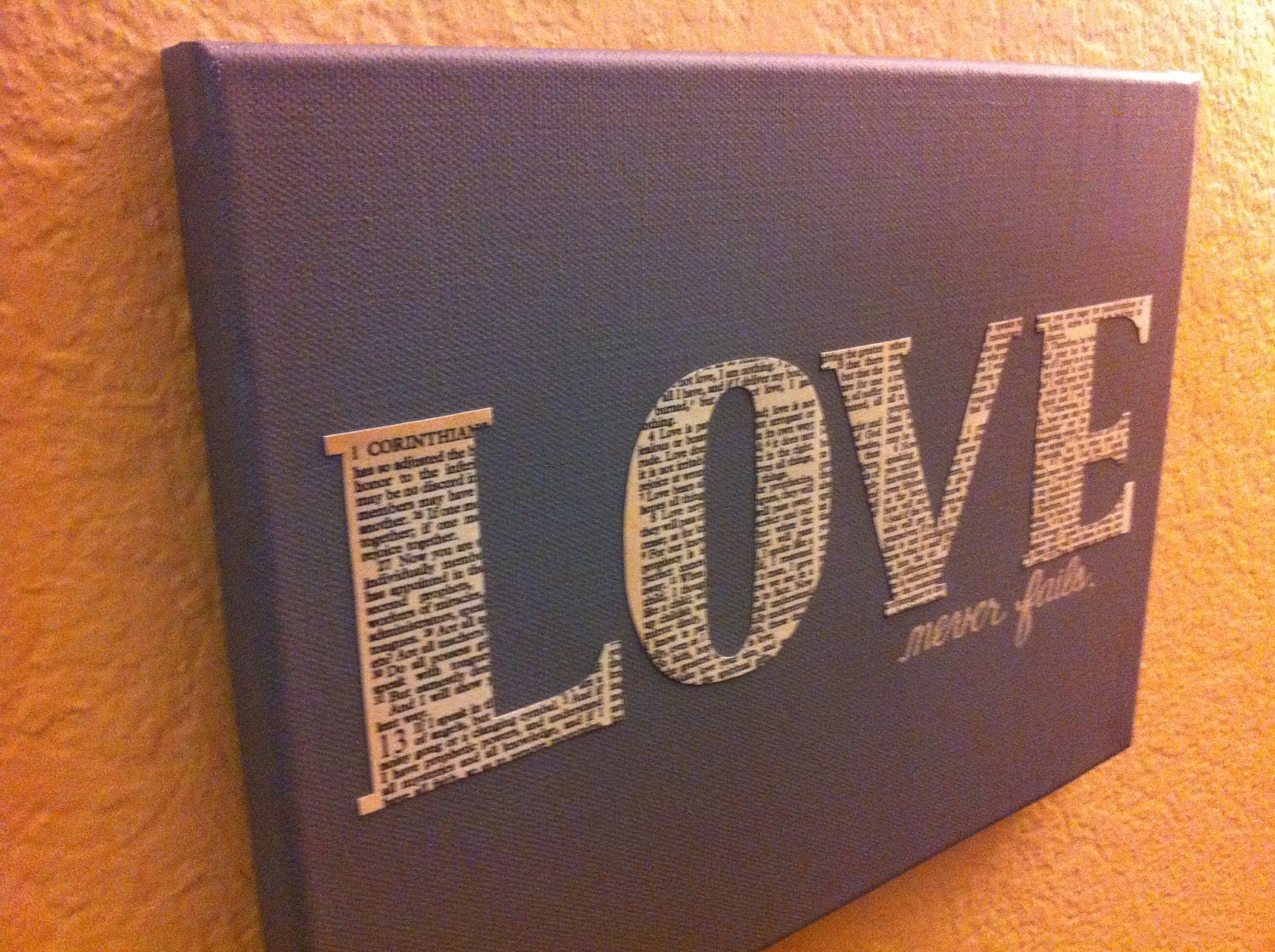 Bible Verse Art - Christian Art - Scripture Art - LOVE Never Fails - 9x12 - Wrapped Canvas - Valentines, Grey, Home Decor, Gift