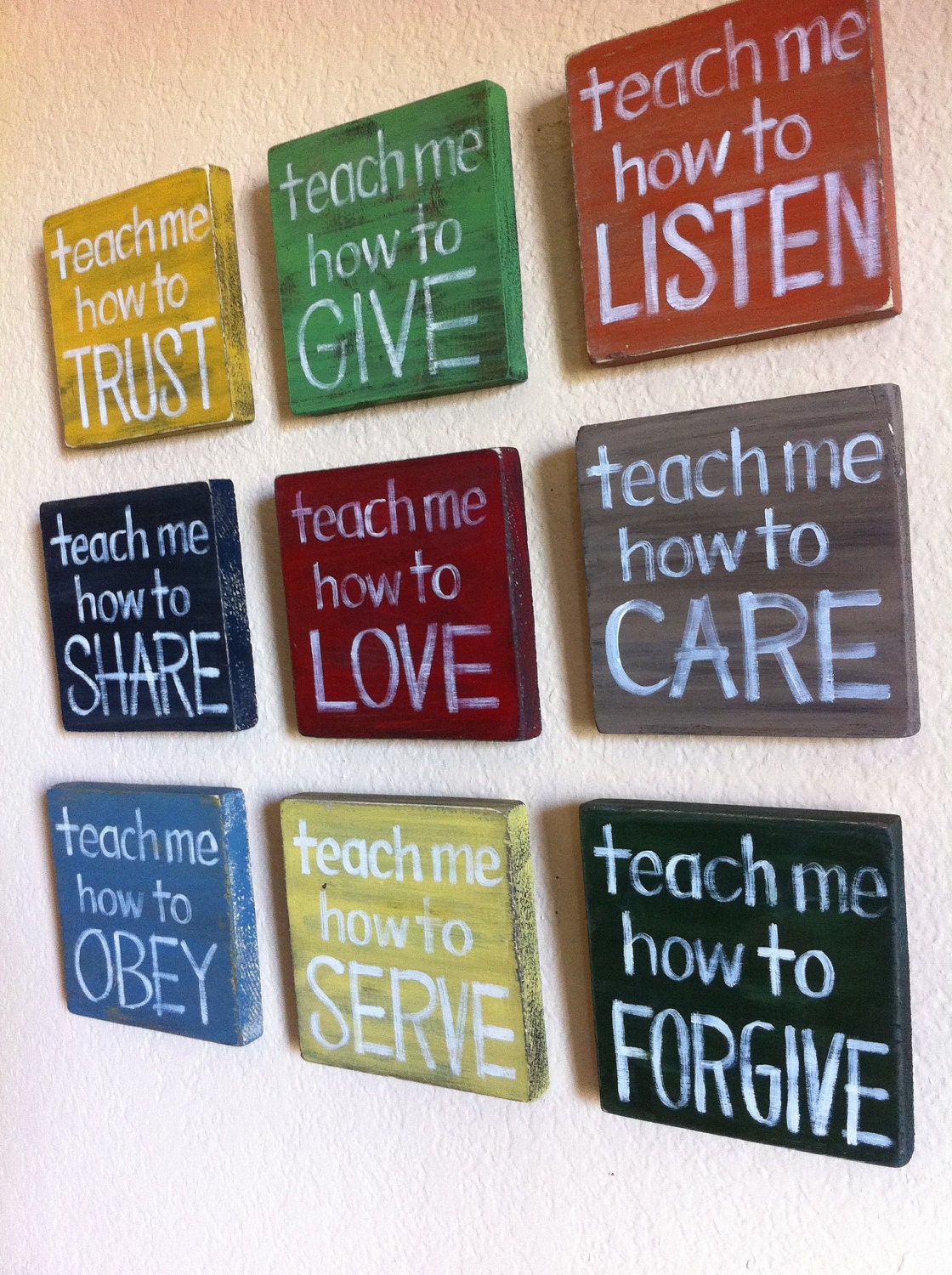 Reserved for Victoriasharpe - SET of 3- "Teach Me" Wood Blocks - Inspirational Art -Nursery, Child's Room, Home Decor, Made to Order