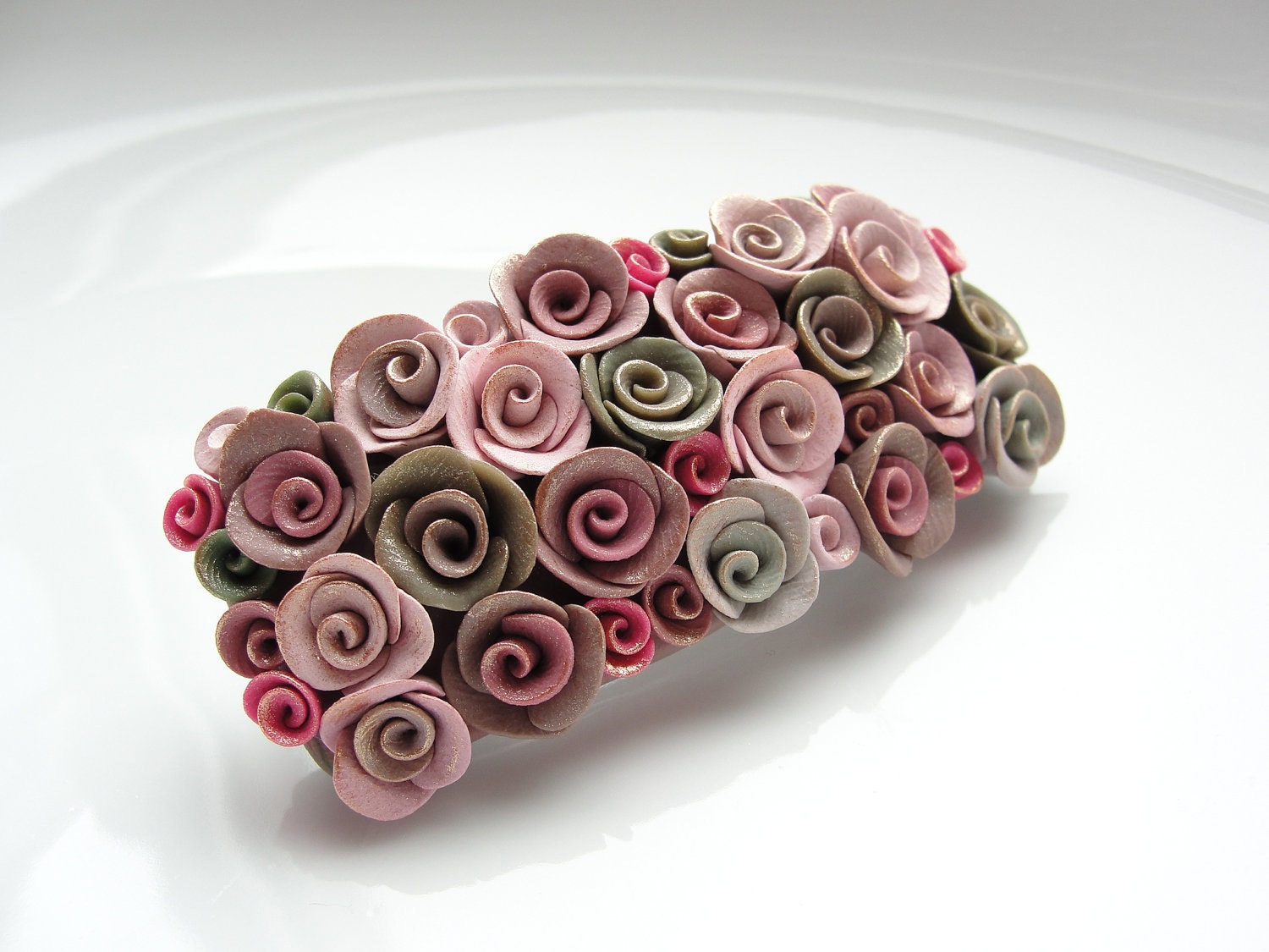 Polymer clay vintage style pink and green rose wedding barrette hair clip handmade