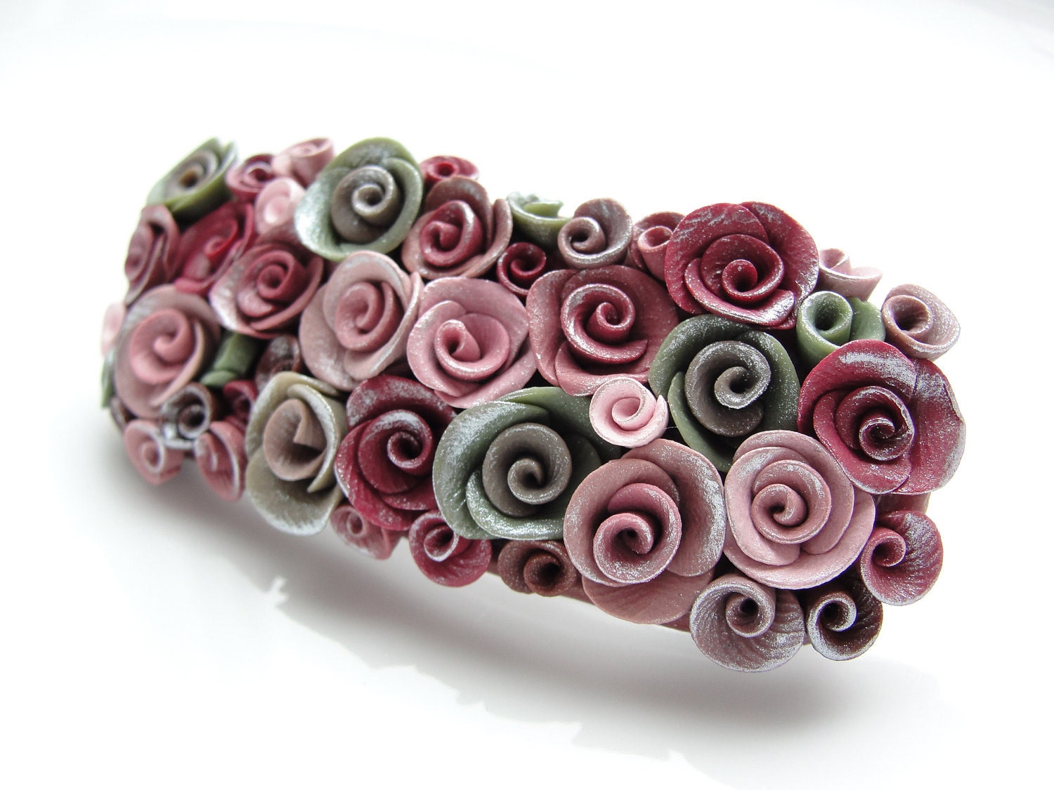 Vintage style wedding rose barrette hair clip in dusky pink colours handmade from polymer clay
