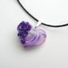 Heart pendant in pink, purple and silver with purple roses on black cotton cord necklace