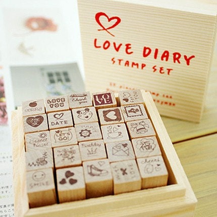 Wooden Rubber Stamp Box 1 Sets / 25 kinds of Korea  DIY Woodiness stamp diary stamp set---Love Dairy