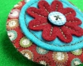 Brick red and turquoise felt and fabric flower brooch / pin