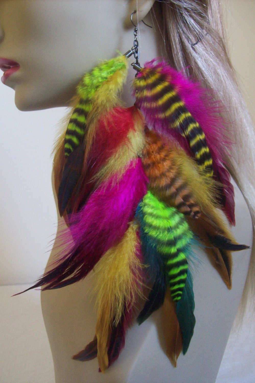 Fuschia Yellow Turquoise Orange Lime Green Grizzly Single Feather Earring