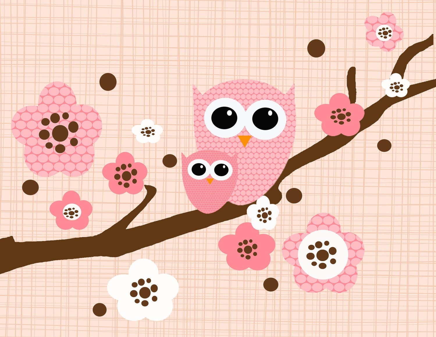 Kids wall art 8x10 Two Owls on a Cherry Blossom Branch - nursery art print - Pink, Chocolate Brown, and White