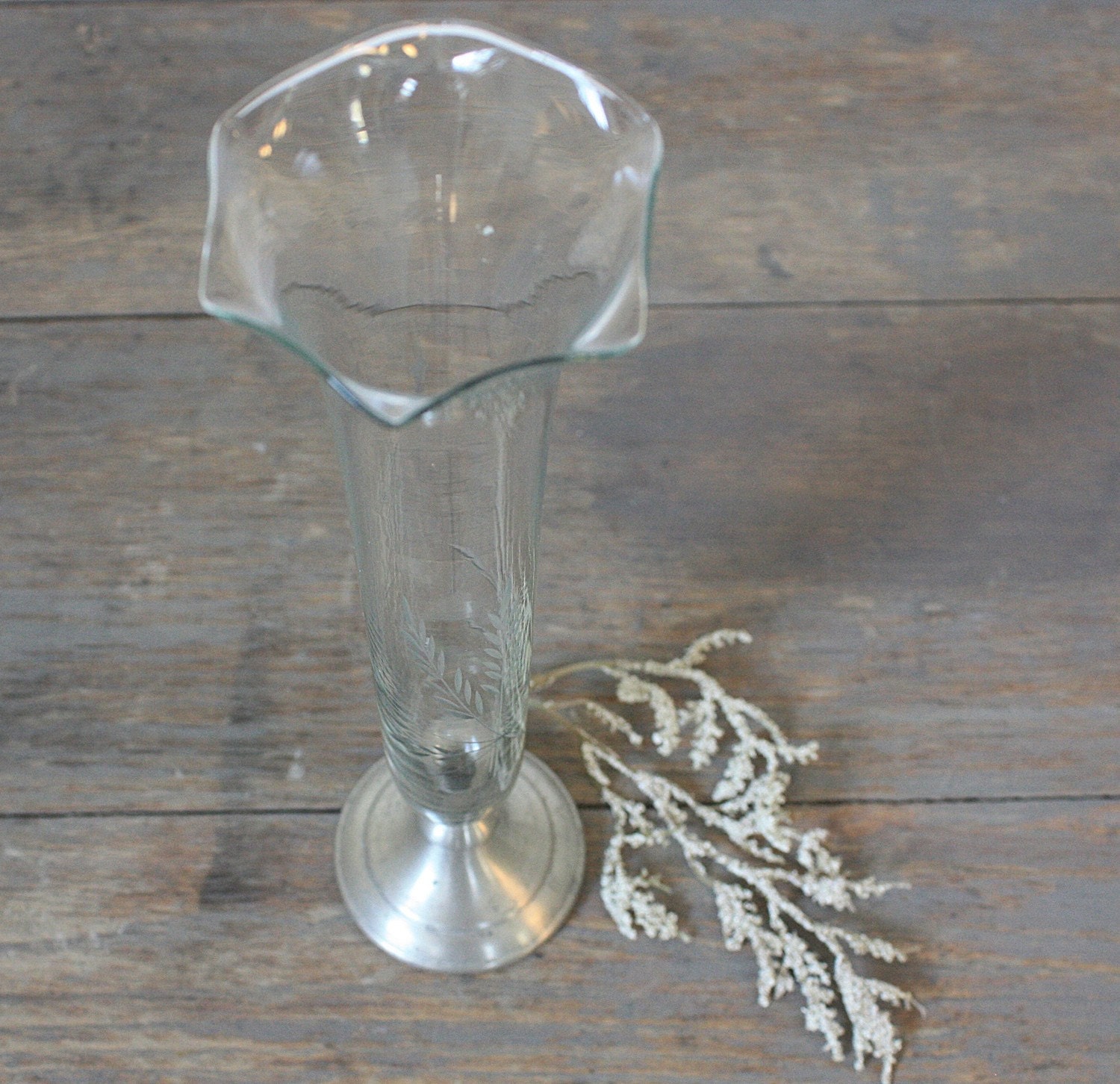 Vintage Bud Vase - Pewter and Glass Etched