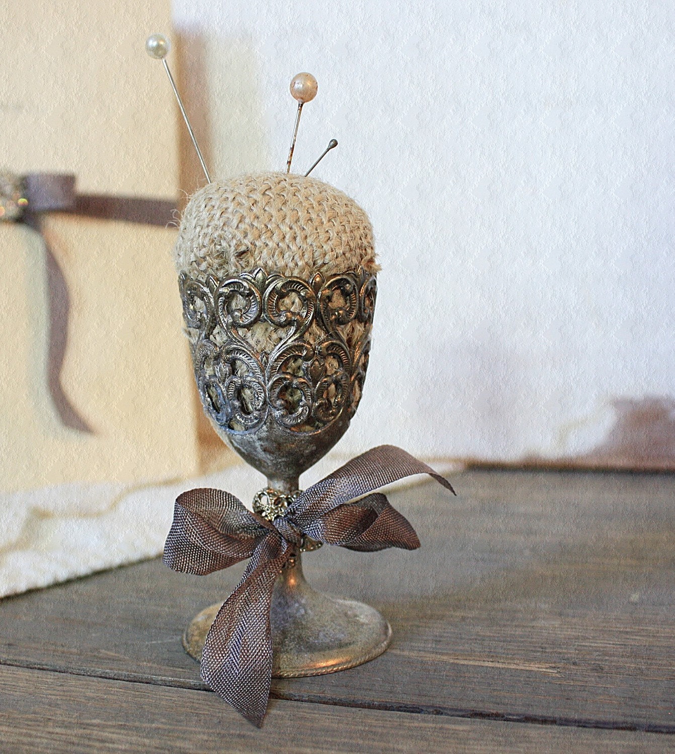 Burlap Pin Cushion in Ornate Vintage Silver Plate Cup