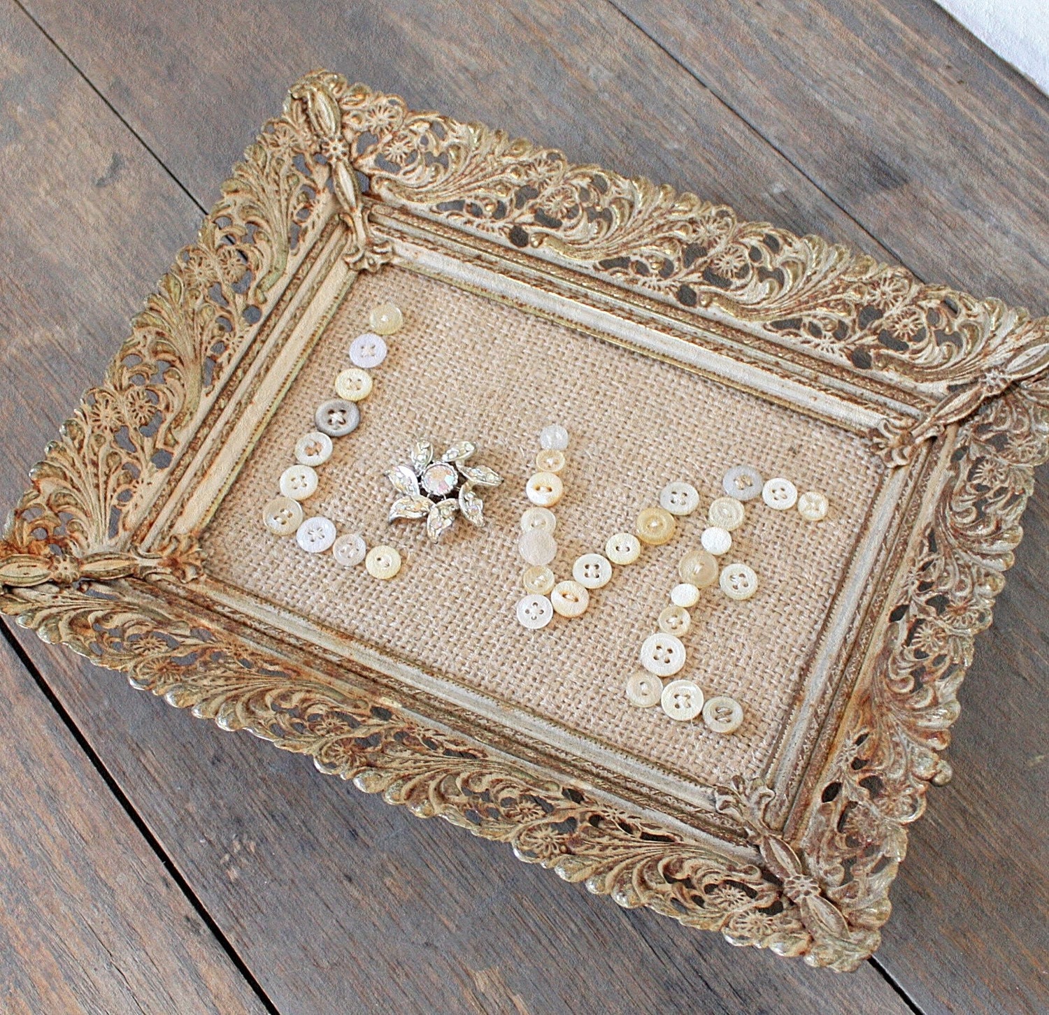 Vintage Inspired Burlap Button Love in Rusty Frame