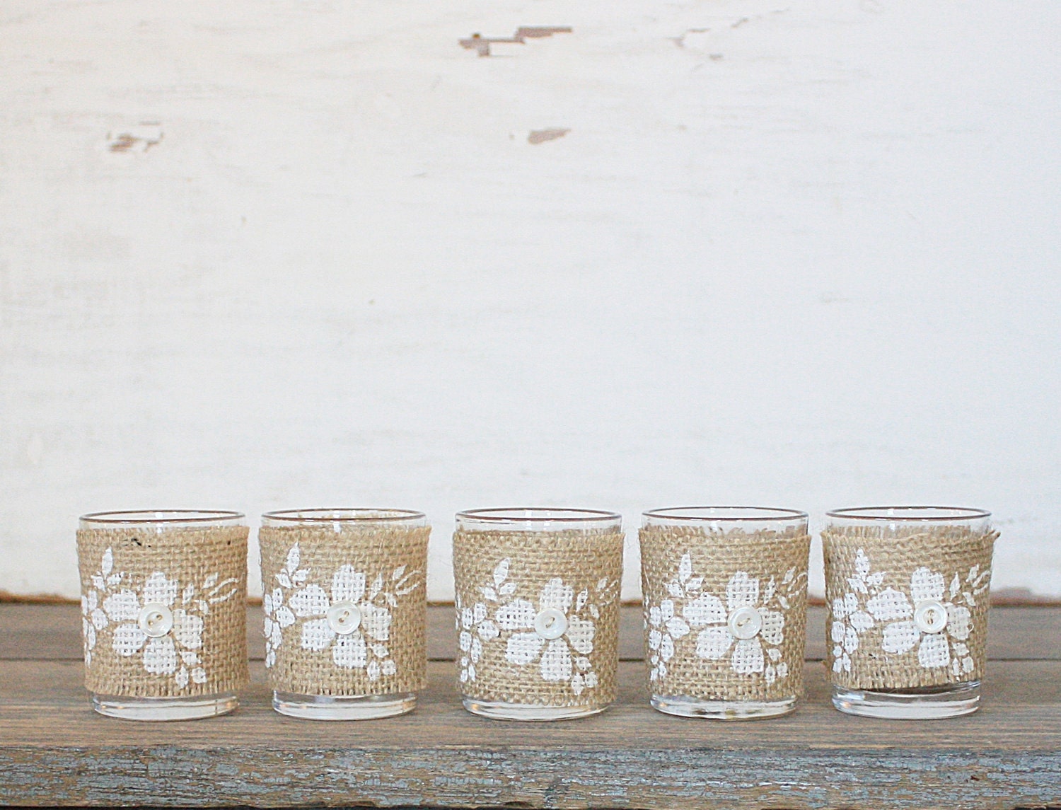 Burlap Wedding Floral Candle Favors Set of Five - Rustic Charm Collection