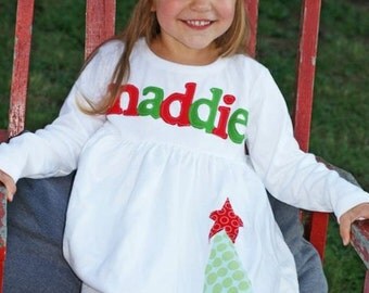 Toddler Christmas Dress - Personalized Christmas Dress- Tree with Star Applique Dress