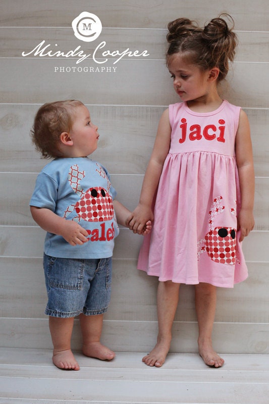 Summer Dress and Shirt Set- Crab Applique- Brother Sister Sibling Set